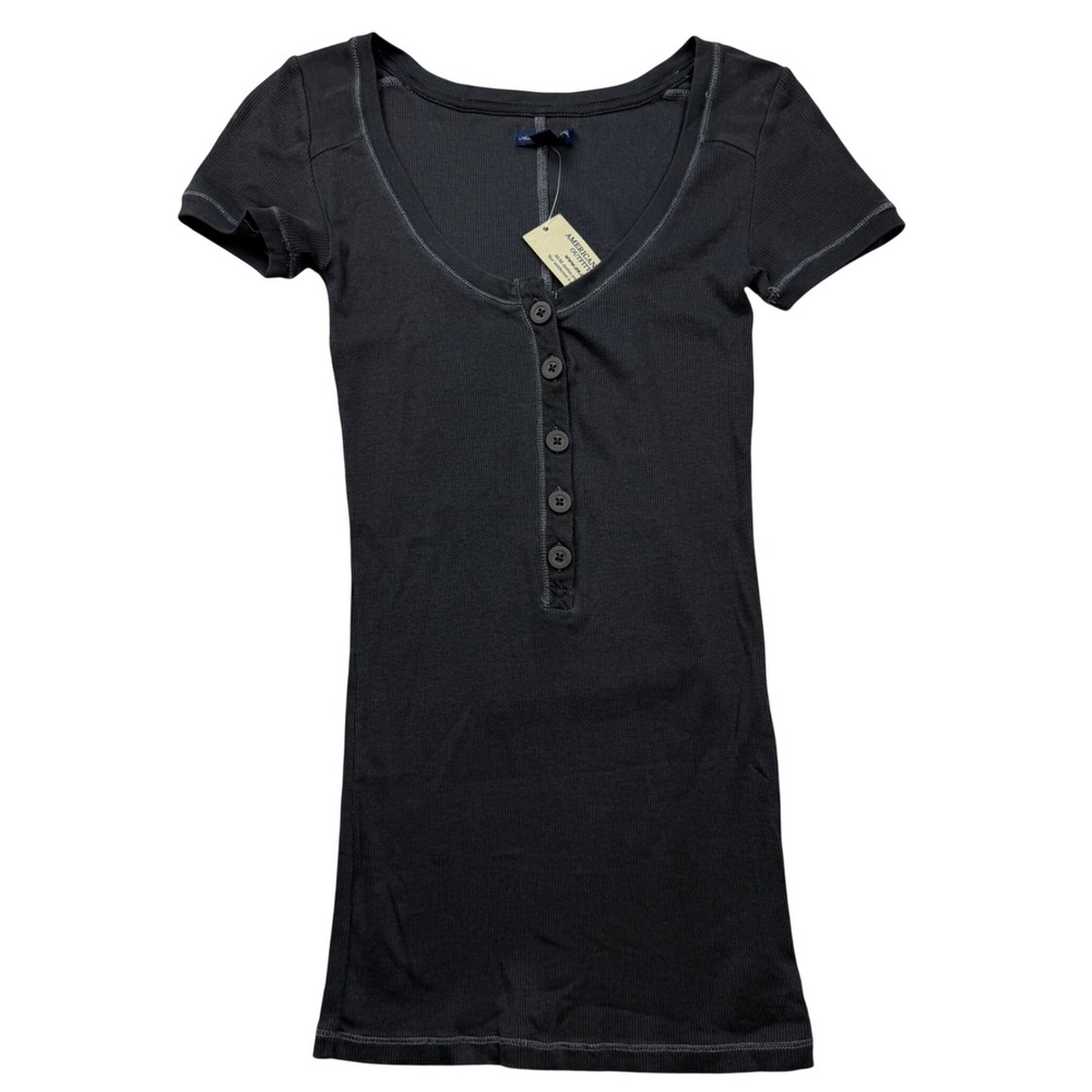 NWT DEADSTOCK VTG Y2K American Eagle Fitted Ribbed Henley Top Short Sleeve Small
